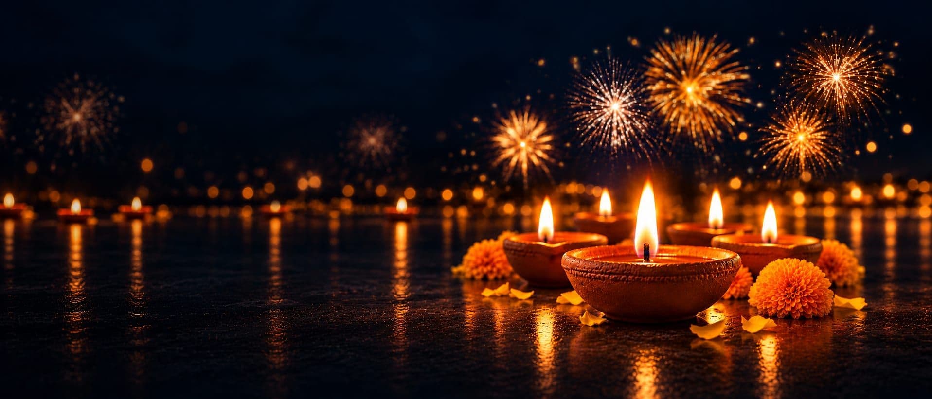 Lit clay diyas and marigolds with fireworks | Diwali Mela Dallas