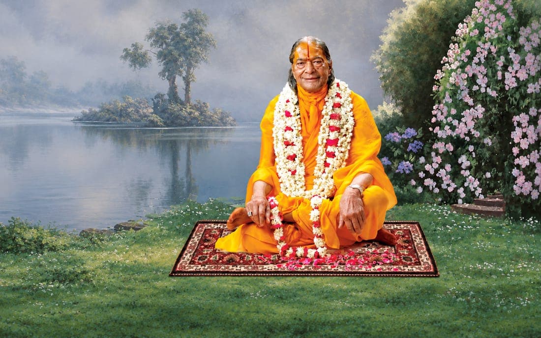 Jagadguru Shree Kripalu Ji Maharaj seated by a misty lake | Sharad Poornima