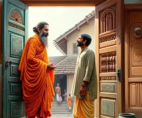 A person in orange robe standing in front of a door

Description automatically generated