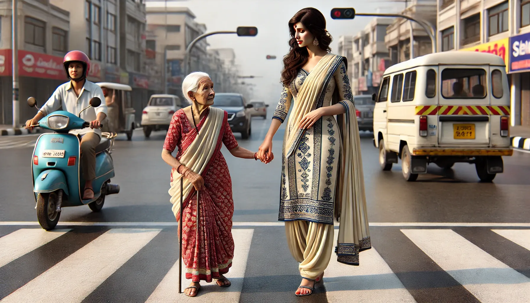 Two women in traditional indian dresses crossing a street

Description automatically generated