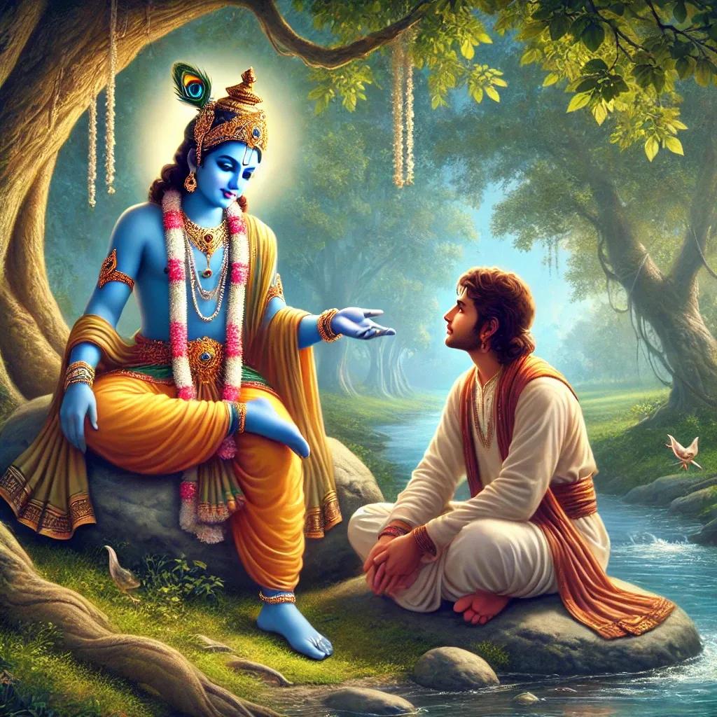 A painting of a person and a blue deity

Description automatically generated