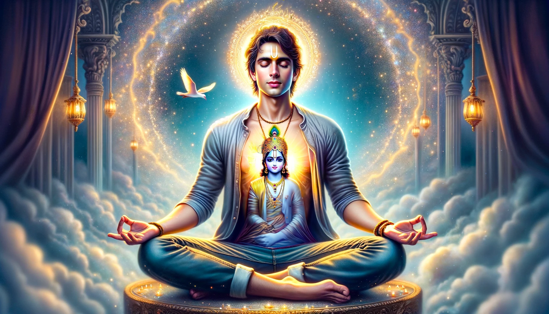 A person sitting in a lotus position with a religious image

Description automatically generated