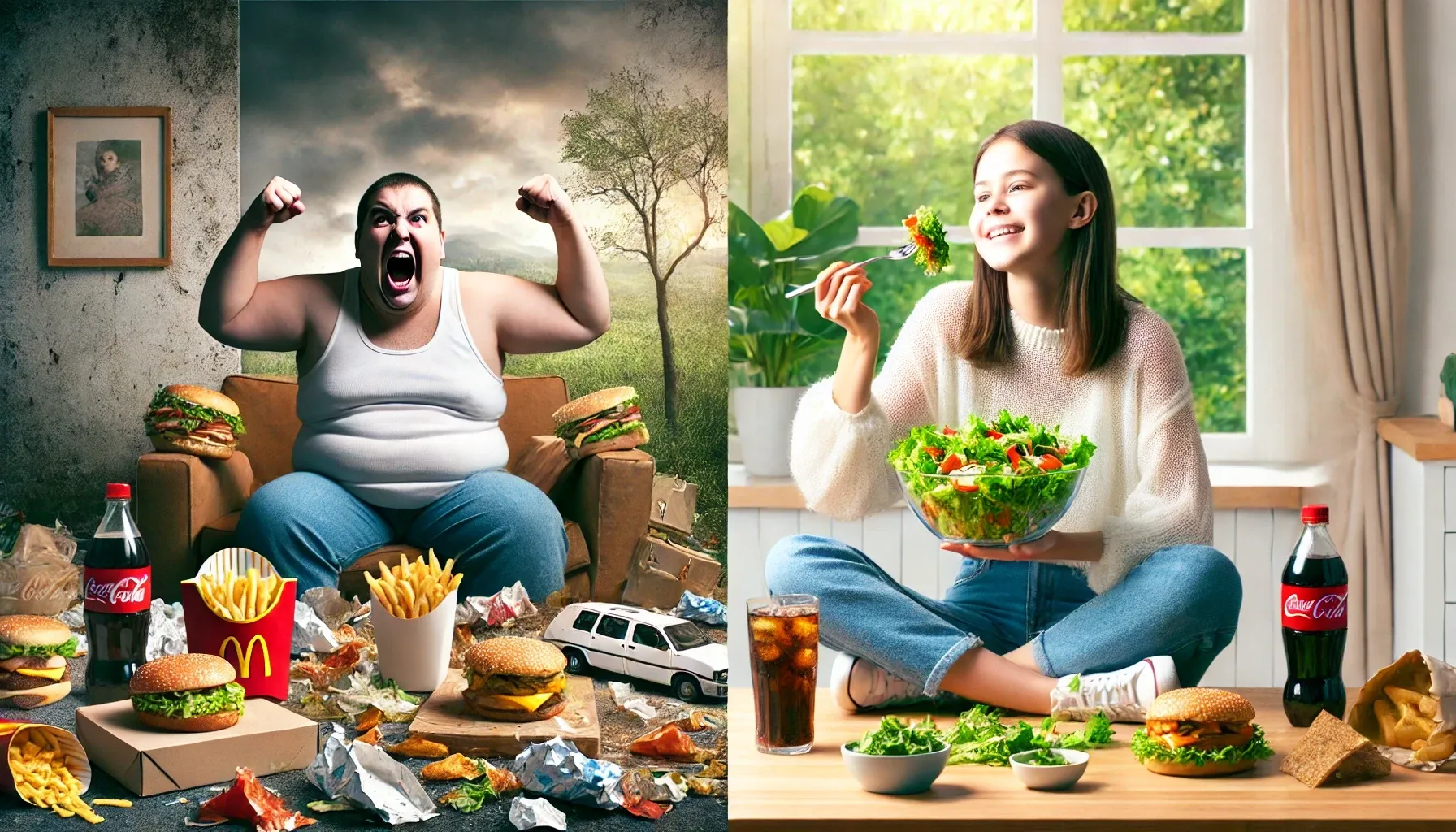 A collage of two people eating a salad

Description automatically generated