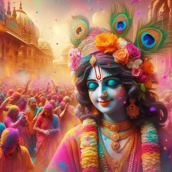 Vibrant celebration of Holi in Braj, with colorful powders in the air, devotees celebrating divine love, and the spiritual essence of beautiful smiling and dancing simple Krishna wearing peacock feather, set against a lively, enchanting backdrop of Indian culture. hyper realistic