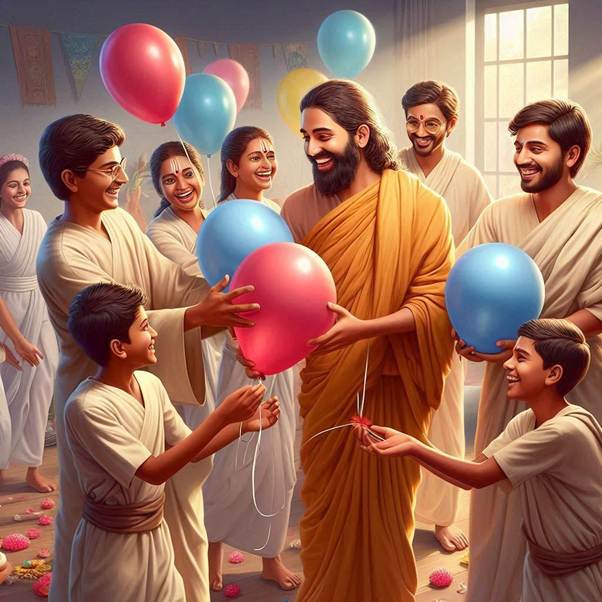 young indian disciples joyfully handing lose balloons to each other in a room.  hyper realistic iconographic