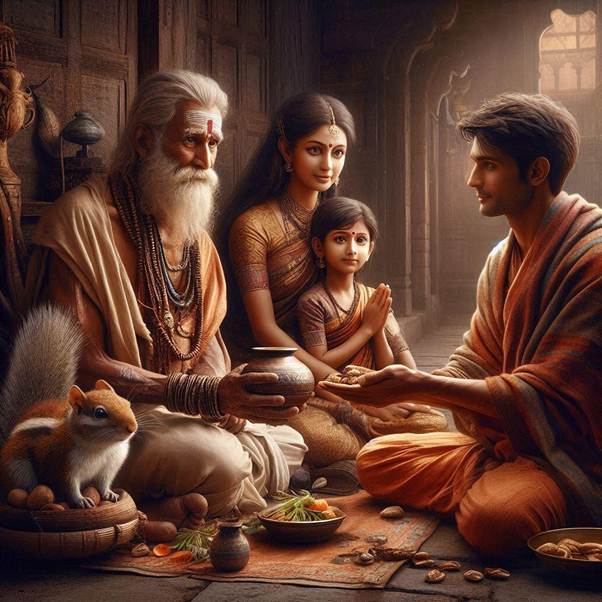 A humble Brahmin family old father, old mother, young son and young daughter-in-law sitting together. They offer their last small meal to a traveler visiting them, highlighting sacrifice. a squirrel is also present on the scene.  dramatic