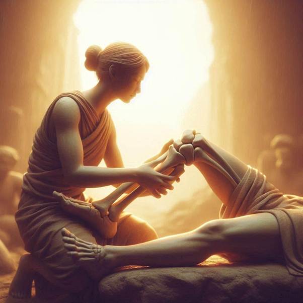 An ancient scene depicting the true essence of humanity, with a figure carefully tending to a wounded person. The focus is on the act of selflessness and caregiving, symbolized by a healed femur. The image should evoke empathy, sacrifice, and compassion, set in a peaceful, ancient environment, with warm, soft tones to reflect the emotional depth of human connection and care.