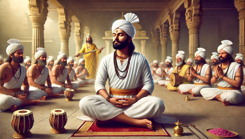 A person in a turban meditating in a room with many men

AI-generated content may be incorrect.