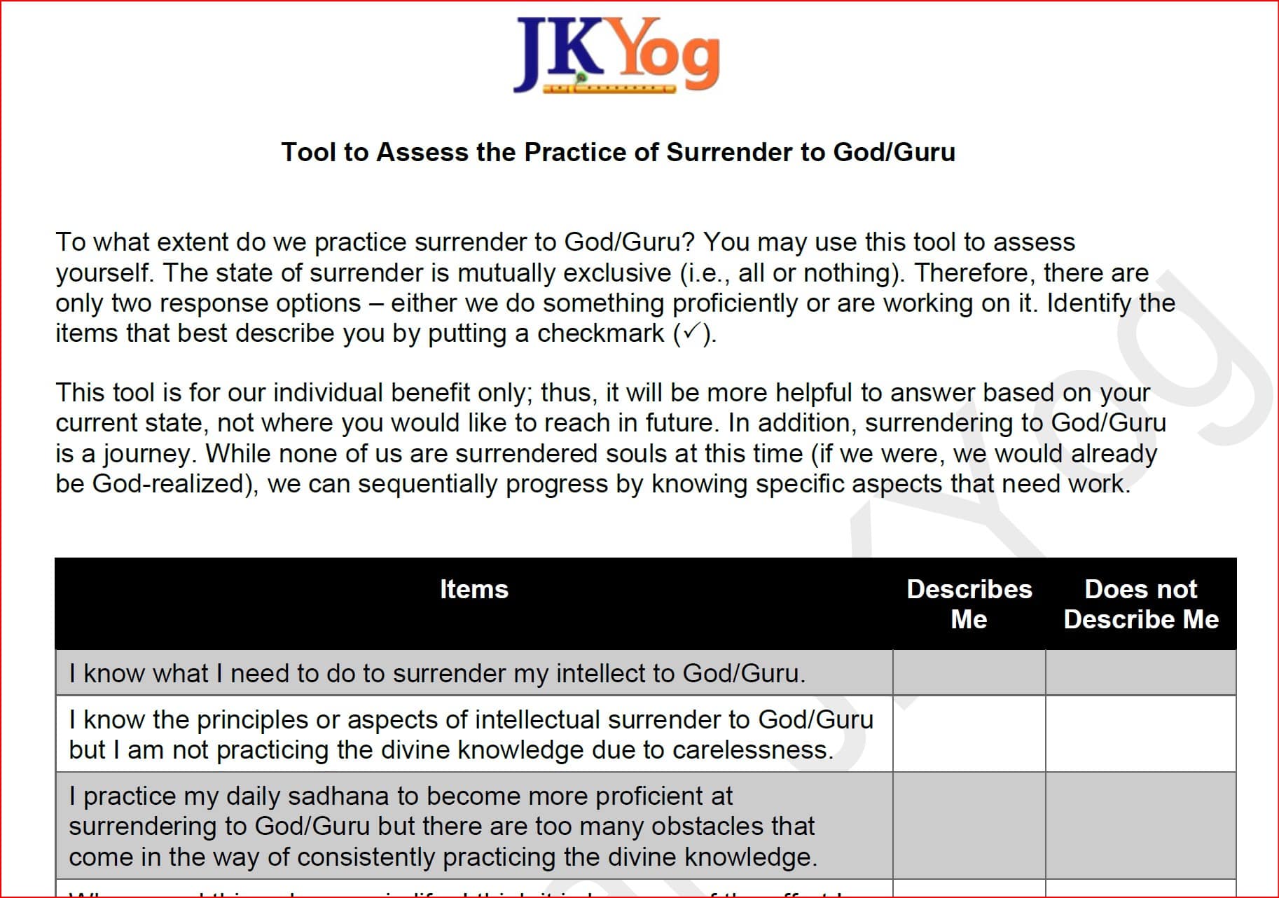 Tool to Assess the Practice of Surrender 