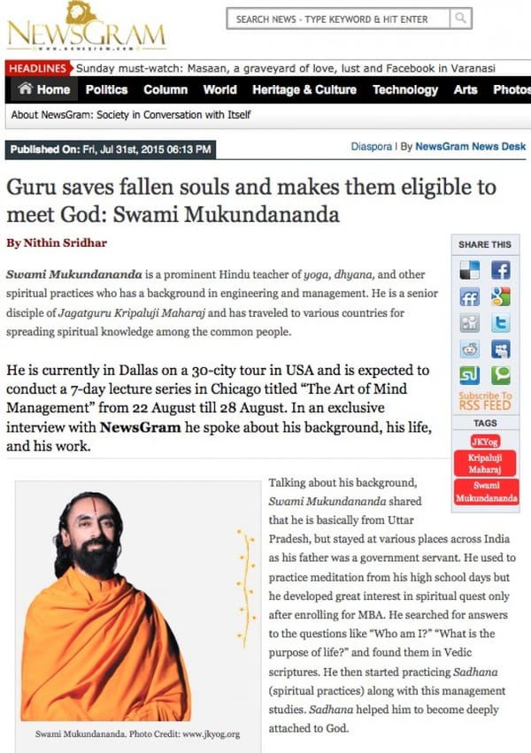 NewsGram: Guru saves fallen souls and makes them eligible to meet God: Swami Mukundananda